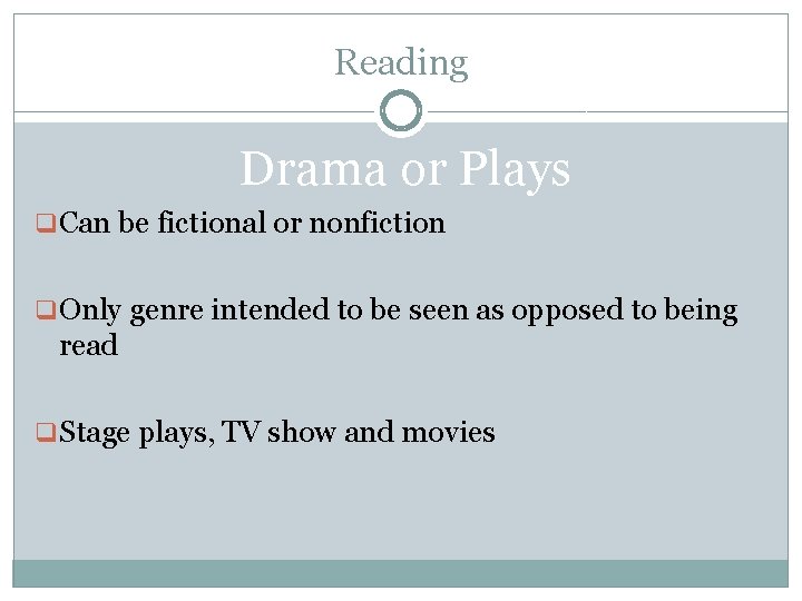 Reading Drama or Plays q Can be fictional or nonfiction q Only genre intended