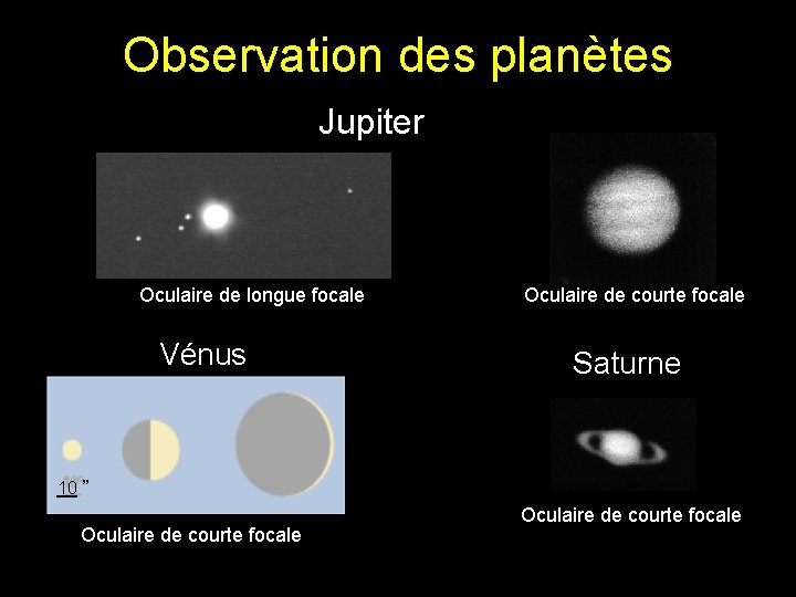 Observation des planètes Jupiter Oculaire de longue focale Vénus Oculaire de courte focale Saturne Observation des planètes Jupiter Oculaire de longue focale Vénus Oculaire de courte focale Saturne