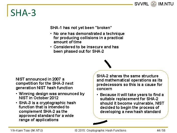 SVVRL @ IM. NTU SHA-3 SHA-1 has not yet been "broken” • No one