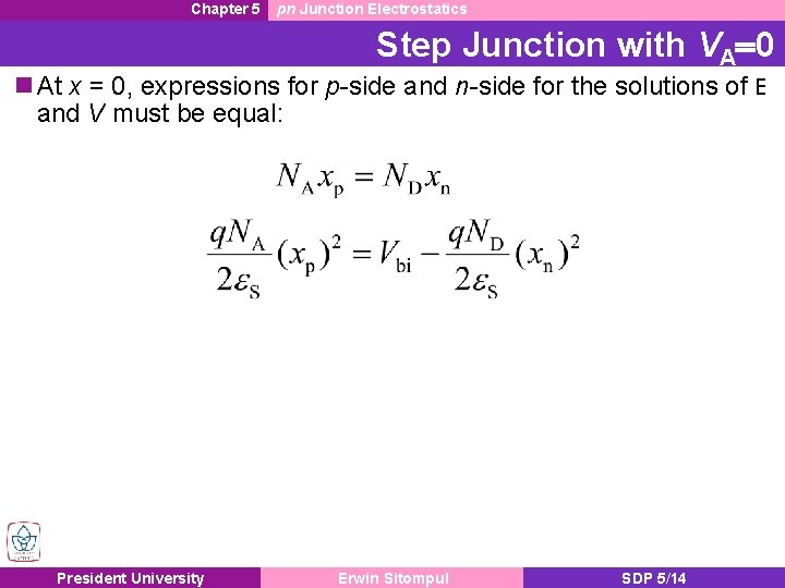 Chapter 5 pn Junction Electrostatics Step Junction with VA=0 At x = 0, expressions