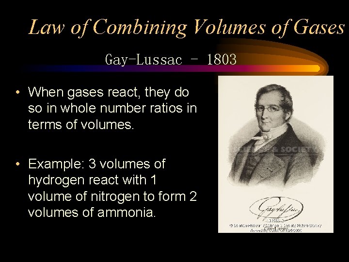 Law of Combining Volumes of Gases Gay-Lussac - 1803 • When gases react, they