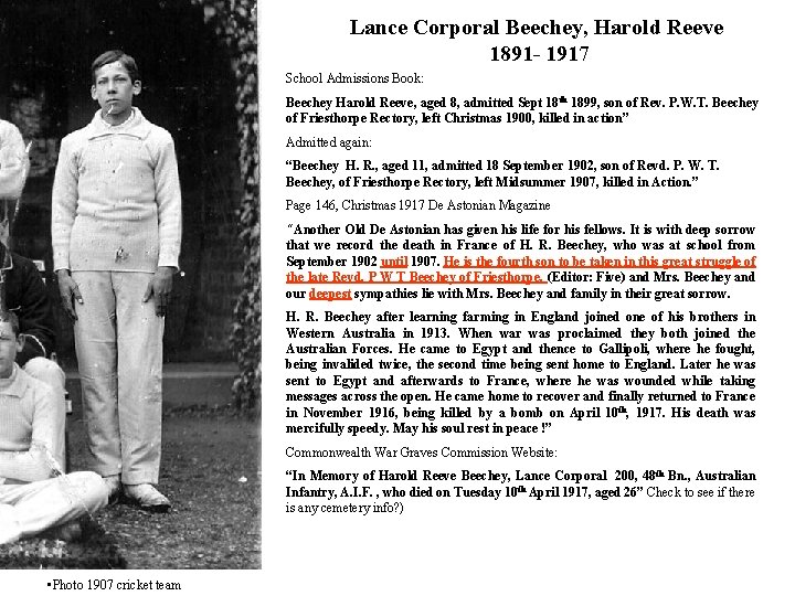 Lance Corporal Beechey, Harold Reeve 1891 - 1917 School Admissions Book: Beechey Harold Reeve,