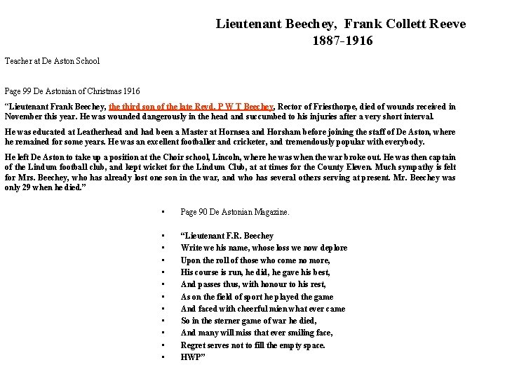 Lieutenant Beechey, Frank Collett Reeve 1887 -1916 Teacher at De Aston School Page 99