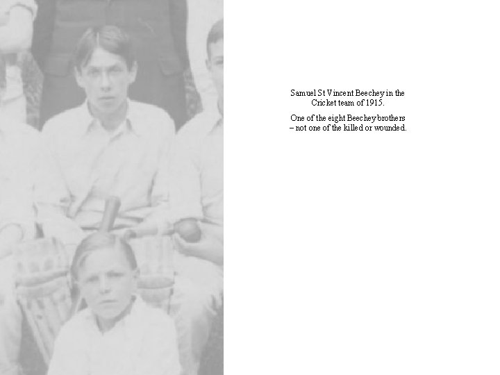 Samuel St Vincent Beechey in the Cricket team of 1915. One of the eight
