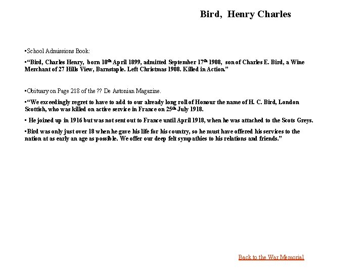 Bird, Henry Charles • School Admissions Book: • “Bird, Charles Henry, born 10 th
