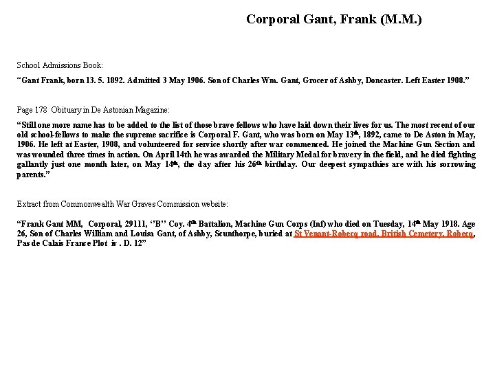 Corporal Gant, Frank (M. M. ) School Admissions Book: “Gant Frank, born 13. 5.