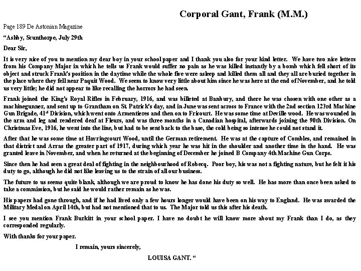 Corporal Gant, Frank (M. M. ) Page 189 De Astonian Magazine “Ashby, Scunthorpe, July