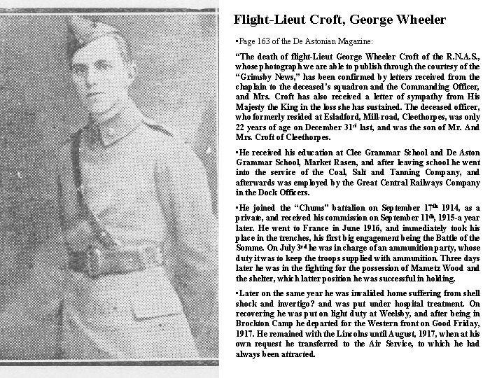 Flight-Lieut Croft, George Wheeler • Page 163 of the De Astonian Magazine: “The death