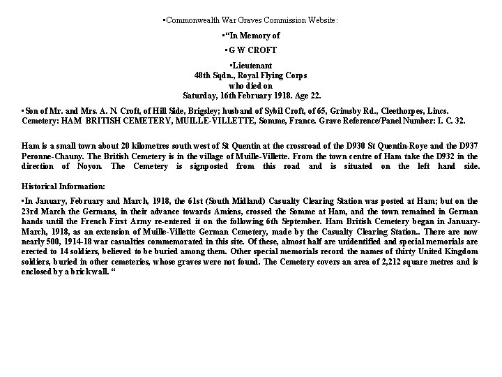  • Commonwealth War Graves Commission Website: • “In Memory of • G W