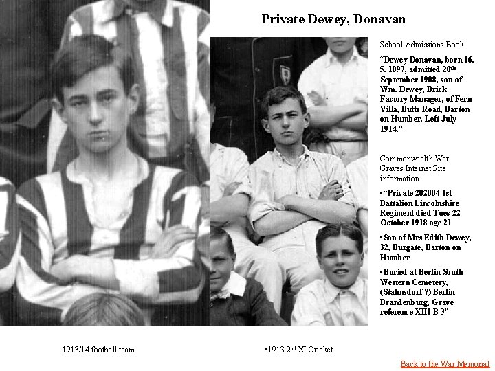 Private Dewey, Donavan School Admissions Book: “Dewey Donavan, born 16. 5. 1897, admitted 28