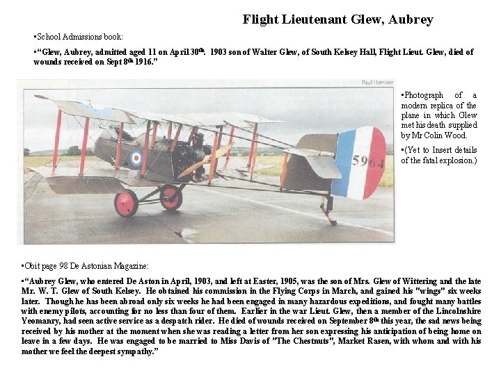 Flight Lieutenant Glew, Aubrey • School Admissions book: • “Glew, Aubrey, admitted aged 11