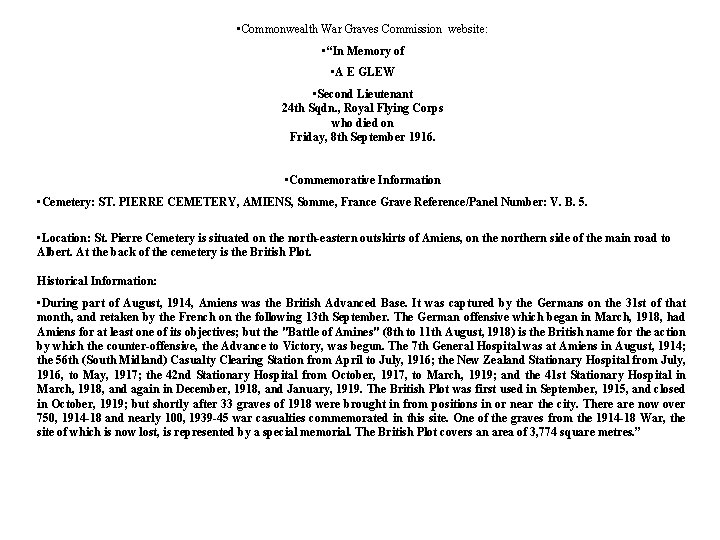  • Commonwealth War Graves Commission website: • “In Memory of • A E