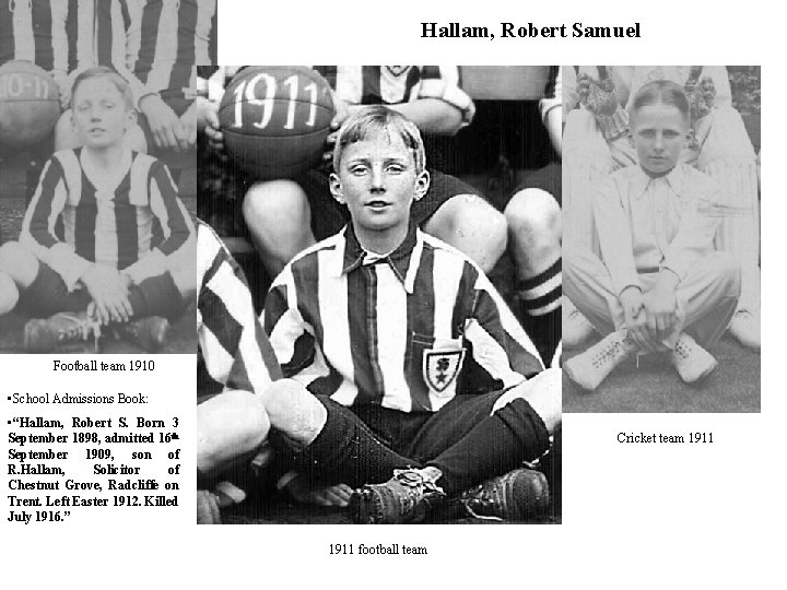 Hallam, Robert Samuel Football team 1910 • School Admissions Book: • “Hallam, Robert S.