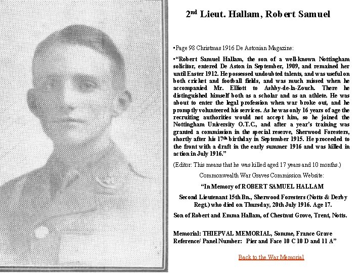 2 nd Lieut. Hallam, Robert Samuel • Page 98 Christmas 1916 De Astonian Magazine: