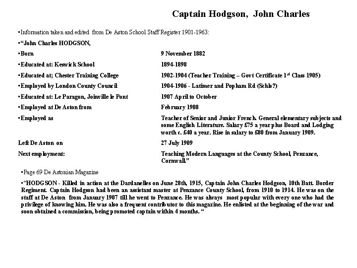 Captain Hodgson, John Charles • Information taken and edited from De Aston School Staff