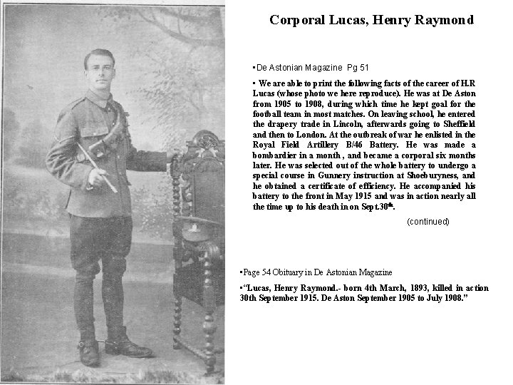 Corporal Lucas, Henry Raymond • De Astonian Magazine Pg 51 • We are able