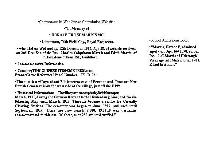  • Commonwealth War Graves Commission Website: • “In Memory of • HORACE FROST
