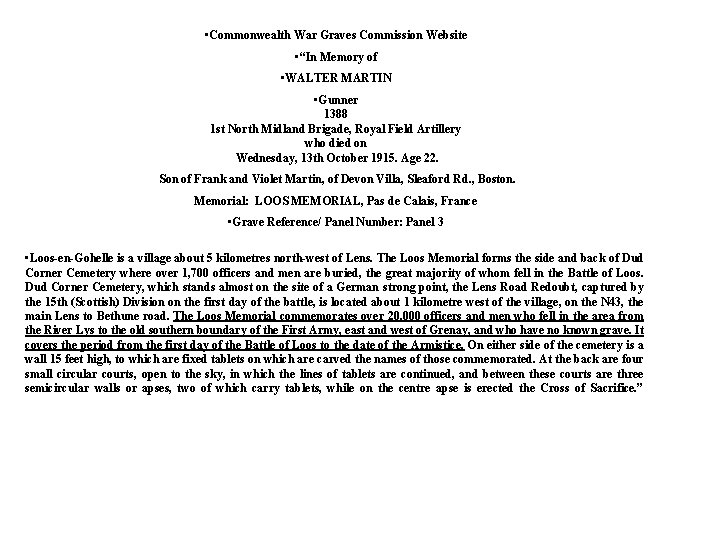 • Commonwealth War Graves Commission Website • “In Memory of • WALTER MARTIN