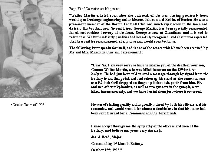 Page 50 of De Astonian Magazine: “Walter Martin enlisted soon after the outbreak of