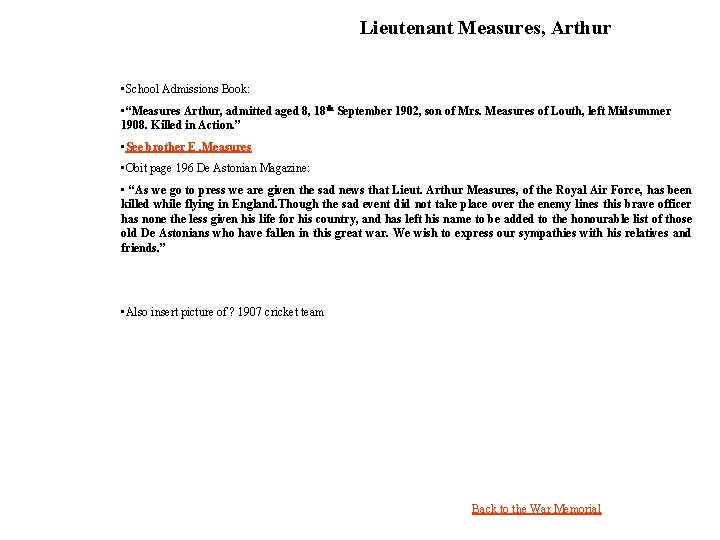 Lieutenant Measures, Arthur • School Admissions Book: • “Measures Arthur, admitted aged 8, 18