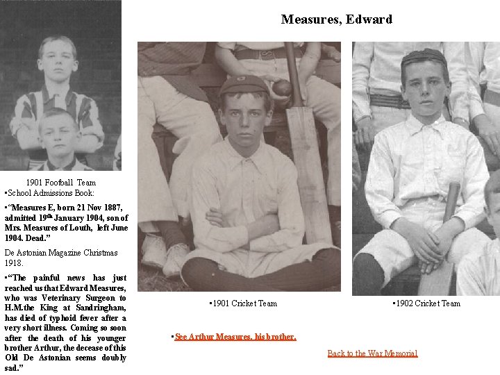Measures, Edward 1901 Football Team • School Admissions Book: • “Measures E, born 21