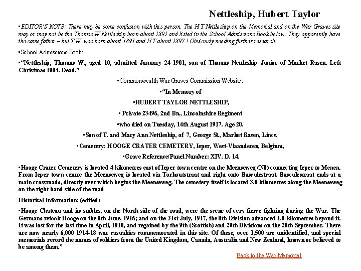 Nettleship, Hubert Taylor • EDITOR’S NOTE: There may be some confusion with this person.