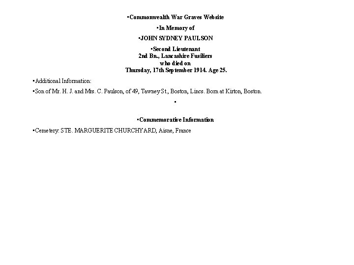  • Commonwealth War Graves Website • In Memory of • JOHN SYDNEY PAULSON