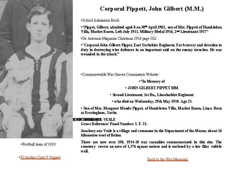 Corporal Pippett, John Gilbert (M. M. ) • School Admission Book: • “Pippet, Gilbert,