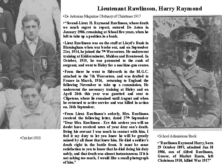 Lieutenant Rawlinson, Harry Raymond • De Astonian Magazine Obituary of Christmas 1917 • “Second-Lieut.