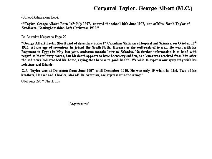 Corporal Taylor, George Albert (M. C. ) • School Admissions Book: • “Taylor, George