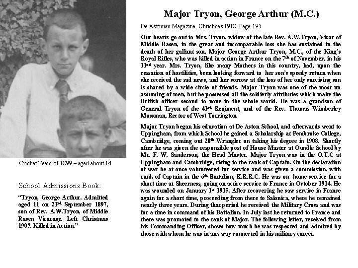 Major Tryon, George Arthur (M. C. ) De Astonian Magazine. Christmas 1918. Page 195