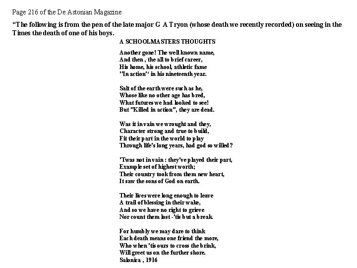 Page 216 of the De Astonian Magazine “The following is from the pen of