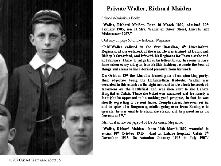 Private Waller, Richard Maiden School Admissions Book: “Waller, Richard Maiden. Born 10 March 1892,