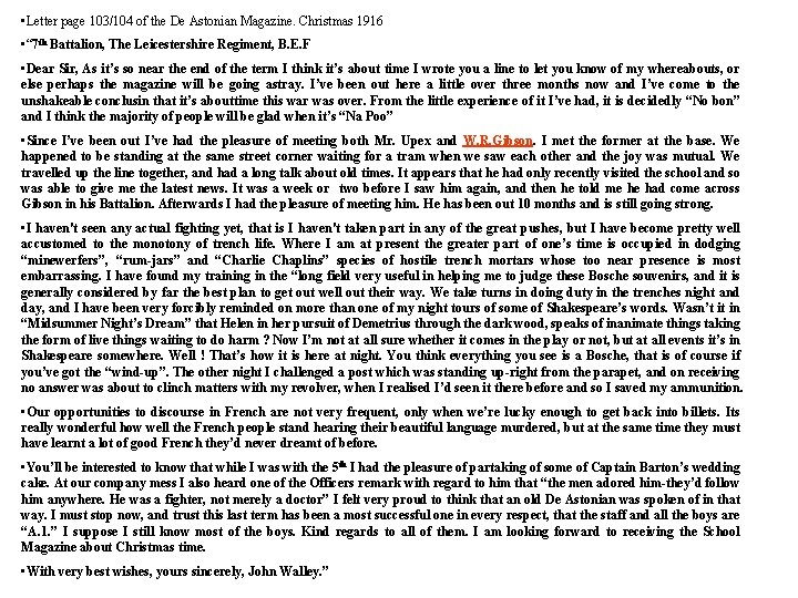  • Letter page 103/104 of the De Astonian Magazine. Christmas 1916 • “