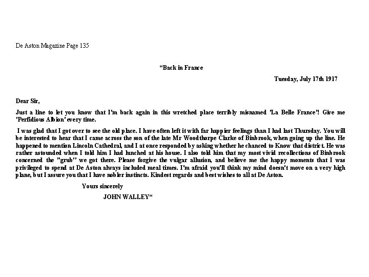 De Aston Magazine Page 135 “Back in France Tuesday, July 17 th 1917 Dear