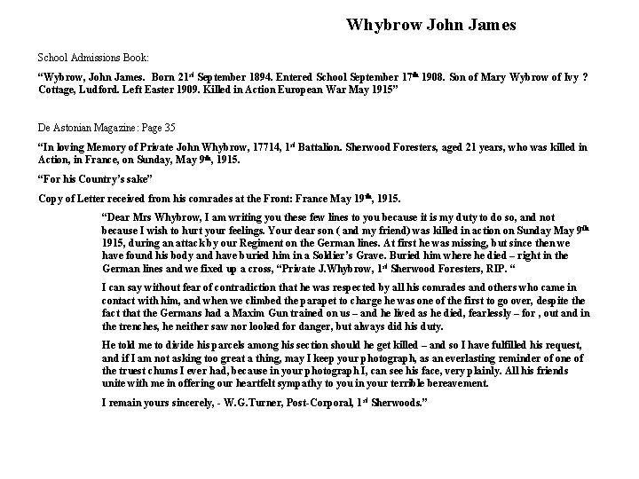 Whybrow John James School Admissions Book: “Wybrow, John James. Born 21 st September 1894.