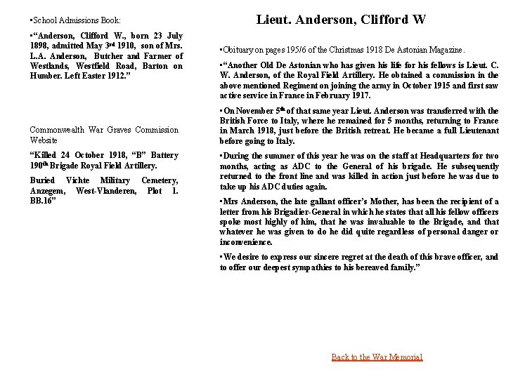  • School Admissions Book: • “Anderson, Clifford W. , born 23 July 1898,