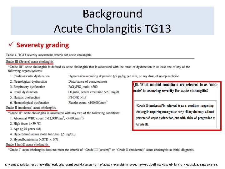 Background Acute Cholangitis TG 13 ü Severety grading Kiriyama S, Takada T et al.