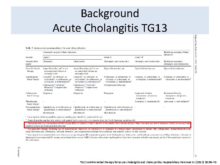 Background Acute Cholangitis TG 13 antimicrobial therapy for acute cholangitis and cholecystitis. J Hepatobiliary