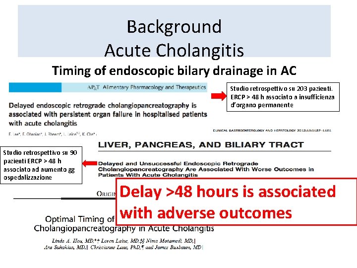 Background Acute Cholangitis Timing of endoscopic bilary drainage in AC Studio retrospettivo su 203