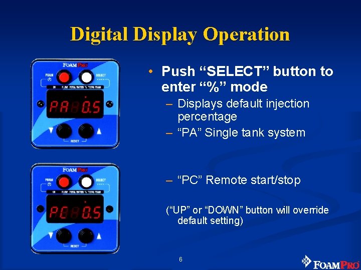 Digital Display Operation • Push “SELECT” button to enter “%” mode – Displays default