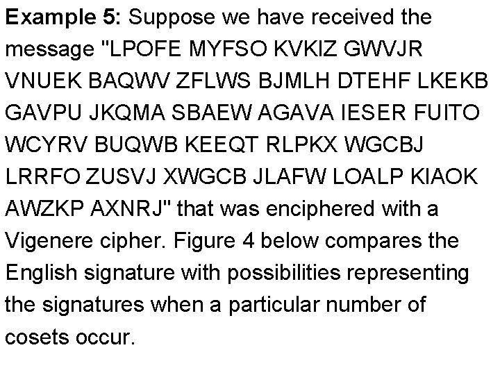 Example 5: Suppose we have received the message "LPOFE MYFSO KVKIZ GWVJR VNUEK BAQWV Example 5: Suppose we have received the message "LPOFE MYFSO KVKIZ GWVJR VNUEK BAQWV