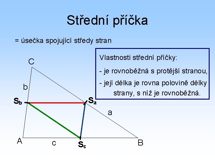 Střední příčka = úsečka spojující středy stran Vlastnosti střední příčky: C - je rovnoběžná