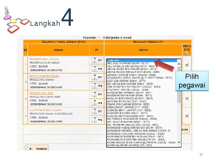 Langkah 4 Pilih pegawai Klik pada senarai sekolah 21 