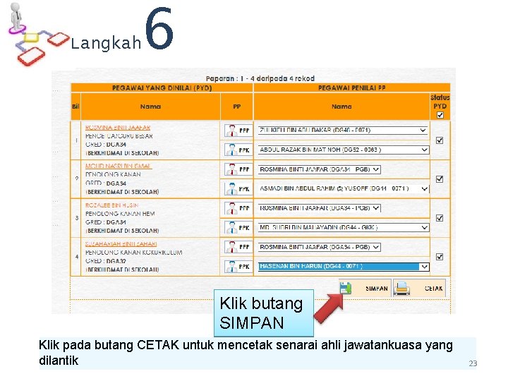 Langkah 6 Klik butang SIMPAN Klik pada butang CETAK untuk mencetak senarai ahli jawatankuasa