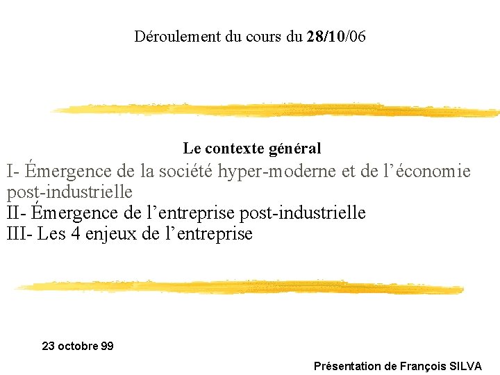 Déroulement du cours du 28/10/06 Le contexte général I- Émergence de la société hyper-moderne