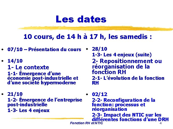 Les dates 10 cours, de 14 h à 17 h, les samedis : w