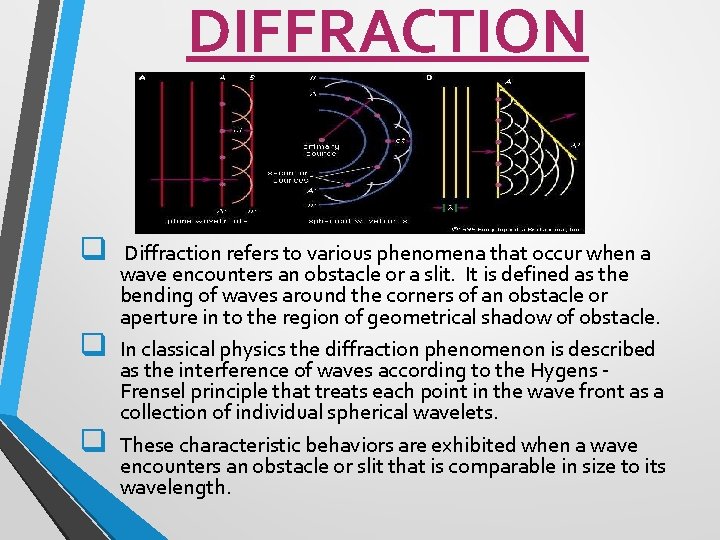 DIFFRACTION q q q Diffraction refers to various phenomena that occur when a wave DIFFRACTION q q q Diffraction refers to various phenomena that occur when a wave