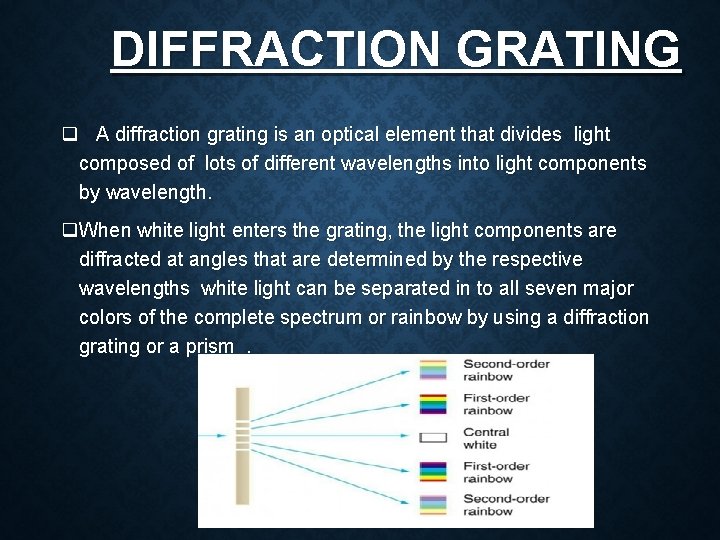 DIFFRACTION GRATING q A diffraction grating is an optical element that divides light composed DIFFRACTION GRATING q A diffraction grating is an optical element that divides light composed