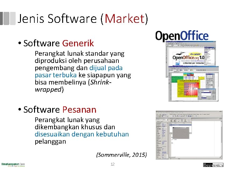 Jenis Software (Market) • Software Generik Perangkat lunak standar yang diproduksi oleh perusahaan pengembang